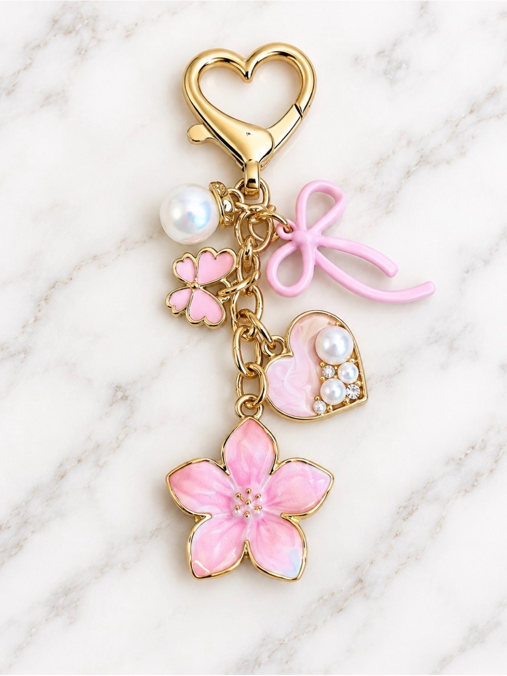 Bag Charm/Keyring-Pink Enamel Floral Charm Heart & Bow Charms-Gold Hardware